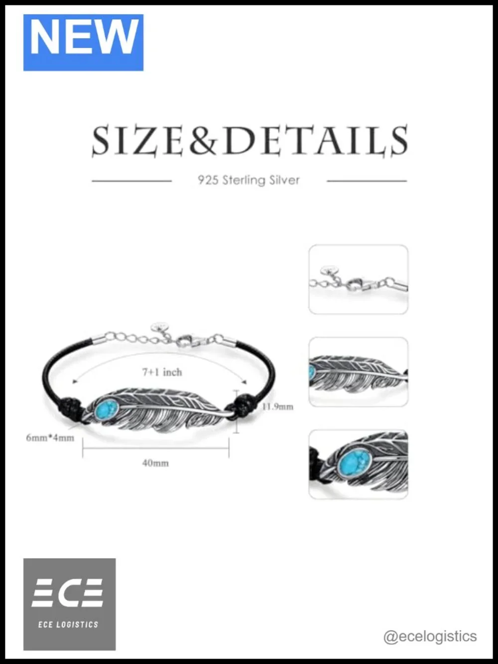 925 Sterling Silver Feather Turquoise Charm Bracelet Adjustable 7+1 Inch